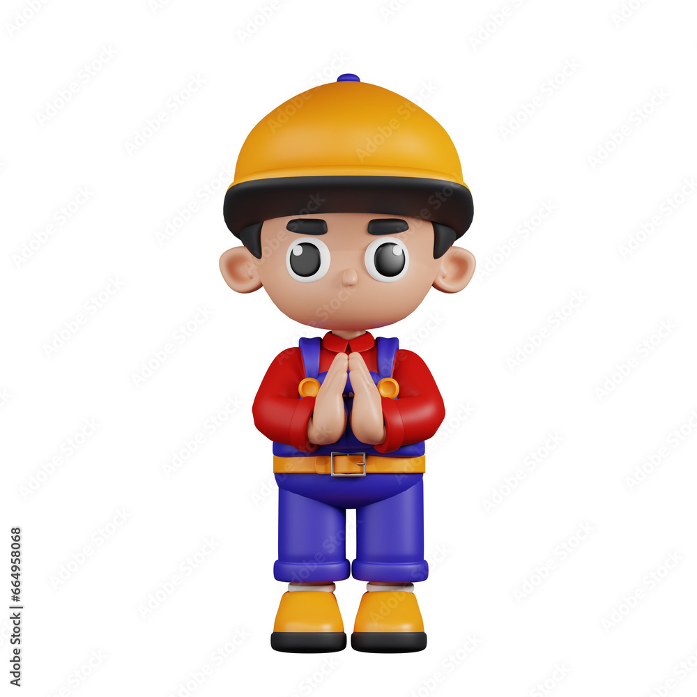 3d Character Mechanic Apologizing Pose. 3d render isolated on transparent backdrop. 3d Character Mechanic Apologizing Pose. 3d render isolated on transparent backdrop.