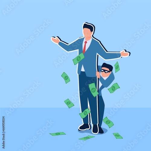 People hide behind rich people's posters, a metaphor for flaunting wealth for ponzi. Simple flat conceptual illustration.