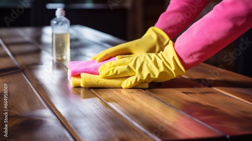 A man's hands, protected by pink rubber gloves, diligently polish the wooden table's surface with a yellow cloth.