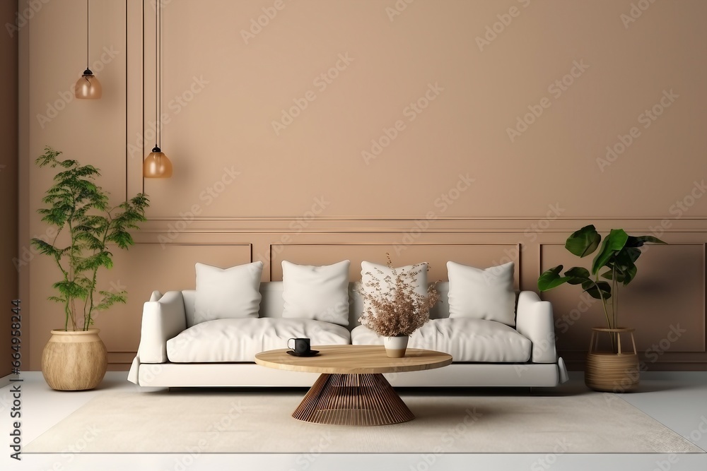 interior design, Sofa and wood round table in brown living room,3D rendering. generative ai. interior design, Sofa and wood round table in brown living room,3D rendering. generative ai.