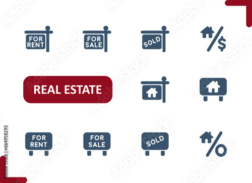 Real Estate Signs Icons. Sign, For Sale, For Rent, Sold, Sell, Rent Icon