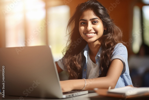 Young college girl using laptop