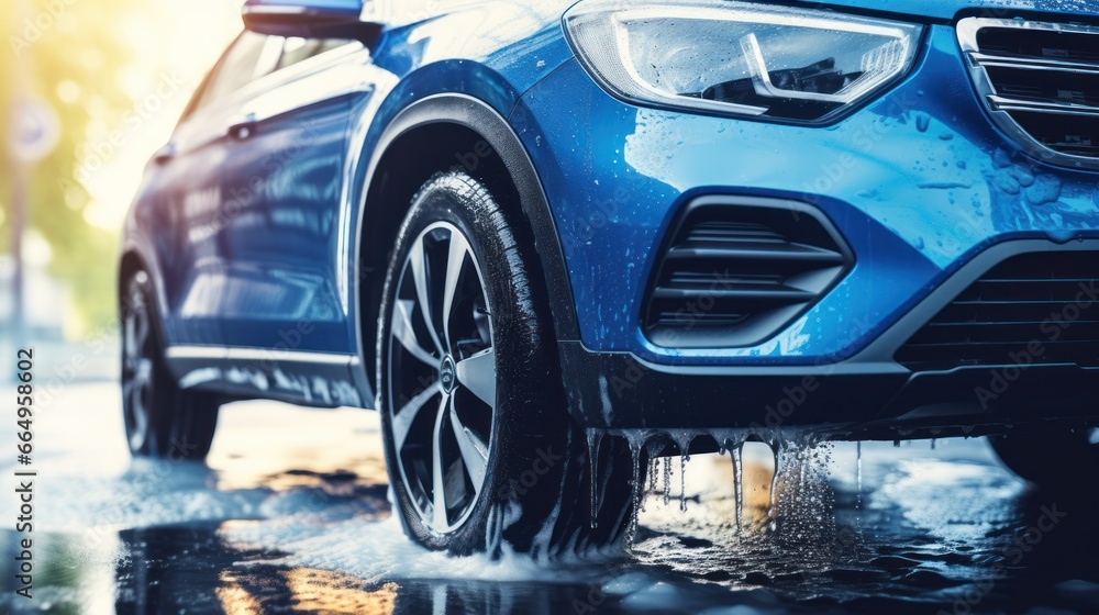 A blue compact SUV with a sporty, modern design is being washed with water, illustrating the concept of car care services. - obrazy, fototapety, plakaty 