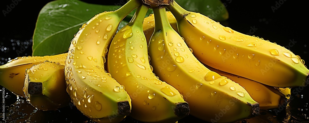 Fresh Bananas with Water Droplets. Bunch of Banana Isolated on Black Background