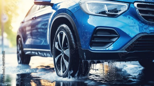 A blue compact SUV with a sporty, modern design is being washed with water, illustrating the concept of car care services. © sopiangraphics