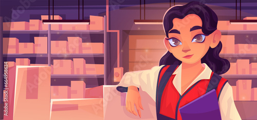 Cartoon warehouse interior with employee woman holding clipboard. Rack with carton boxes. Shelves with goods, various parcels. Crowded stockroom storage. Logistic delivery. Vector illustration