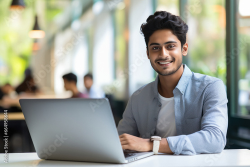 Young college student using laptop, smiling