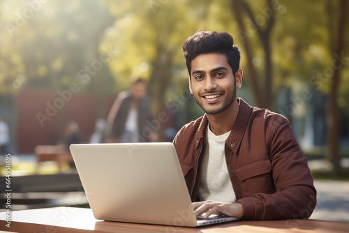 Young college student using laptop, smiling photo