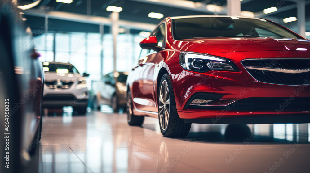 A blurred image of a new red car parked in a showroom at a car dealership.
