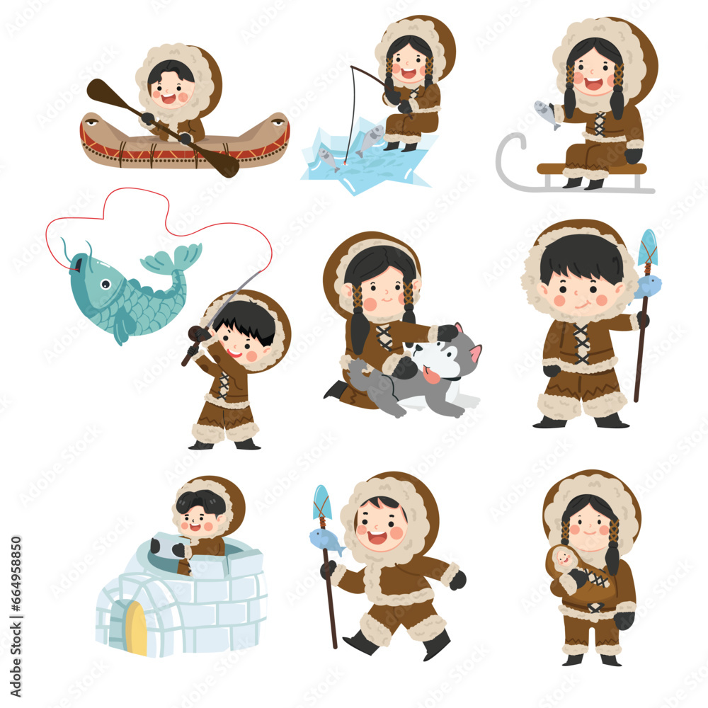 Set of inuits wearing traditional warm clothes Set of inuits wearing traditional warm clothes