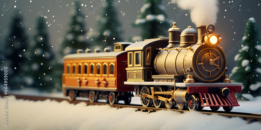 A toy train set running under and around the Christmas tree, Miniature Locamotive Train Set In A Snowy Christmas Holiday Setting. Generative AI.
