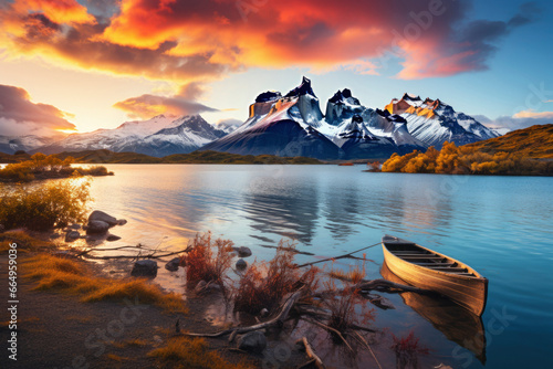 Scenery with mountains at sunset, Torres del Paine National Park, Patagonia, Chile