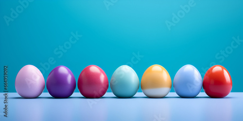 eggs in a row, Row of colorful easter eggs on blue copyspace background chocolate candy in studio, Colorful easter eggs arranged across a blue background, generative AI