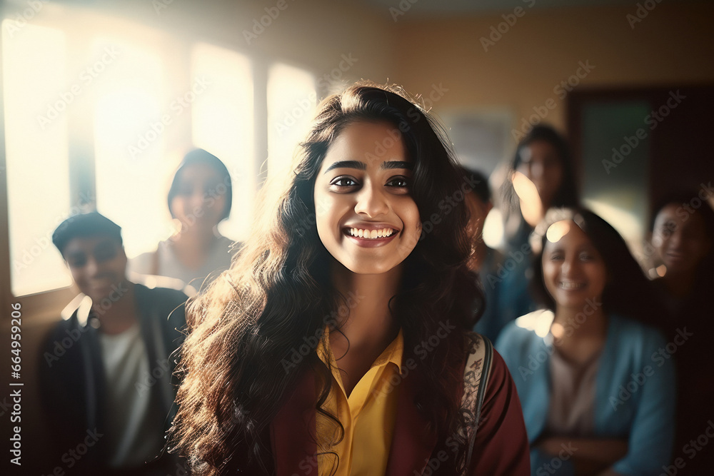 Obraz premium Young indian college girl student standing at college campus