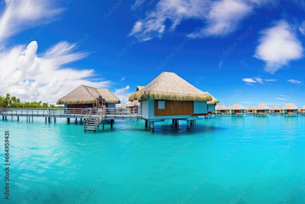 floating bungalows on a vibrant turquoise lagoon