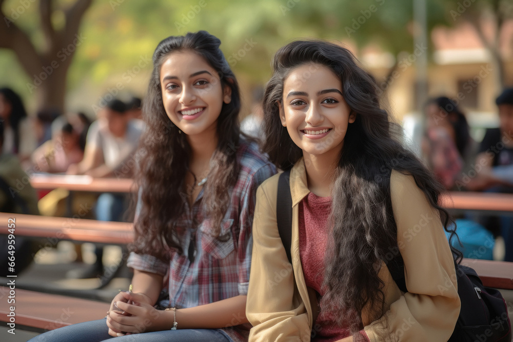 Two indian college girl friends together, smiling