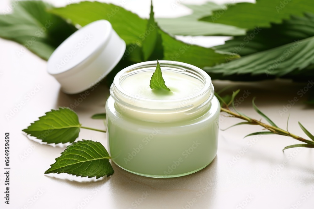 herbal anti-acne cream jar with leaf decorations herbal anti-acne cream jar with leaf decorations
