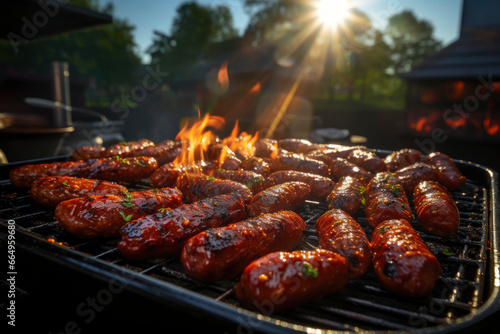Barbecue picnic Grilled sausages on grill with smoke and flame on a meadow.