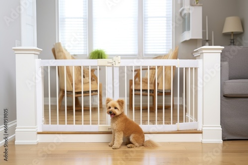 a picture of a pet safety baby gate installed at the top of a staircase photo