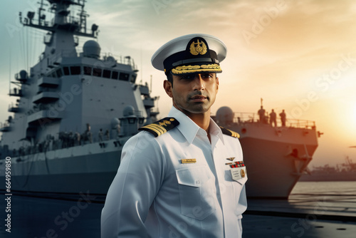 Young indian confident ship captain standing in uniform photo