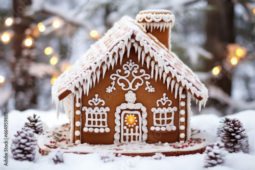 decorated gingerbread house on a snowy landscape