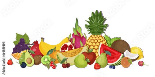 Various fresh fruit collection. Healthy vegetarian food. Set of melon, banana, watermelon, pineapple, orange, apple, avocado. Vitamin diet, summer harvest. White background. Vector illustration