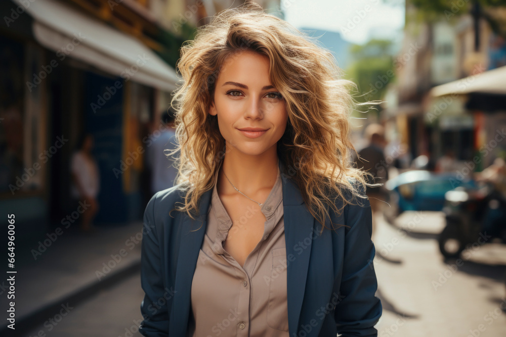Young confident smiling blond haired european business woman standing on busy street, portrait. Proud successful female entrepreneur posing with arms crossed looking at camera.