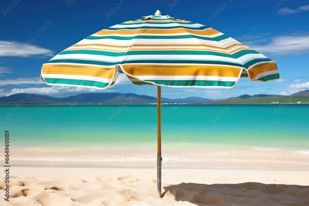 a palm leaf beach umbrella on a white sandy beach