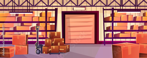 Cartoon warehouse interior with forklift. Rack with carton boxes. Shelves with goods, various parcels. Indoor storehouse. Industrial crowded stockroom storage. Logistic delivery. Vector illustration