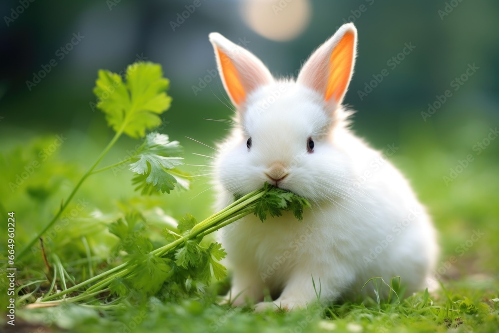 a white rabbit eating a carrot on green grass a white rabbit eating a carrot on green grass