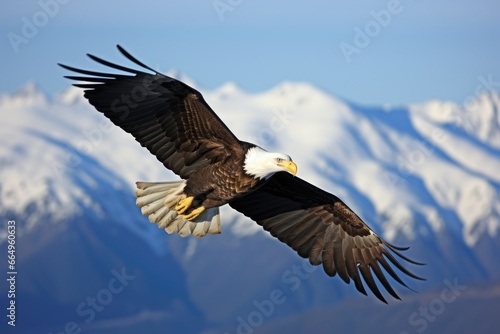 a bald eagle soaring over a mountain range