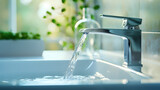 Water tap   faucet. Flow water in bathroom with sink. Modern clean hause. Hygiene concept. Panorama