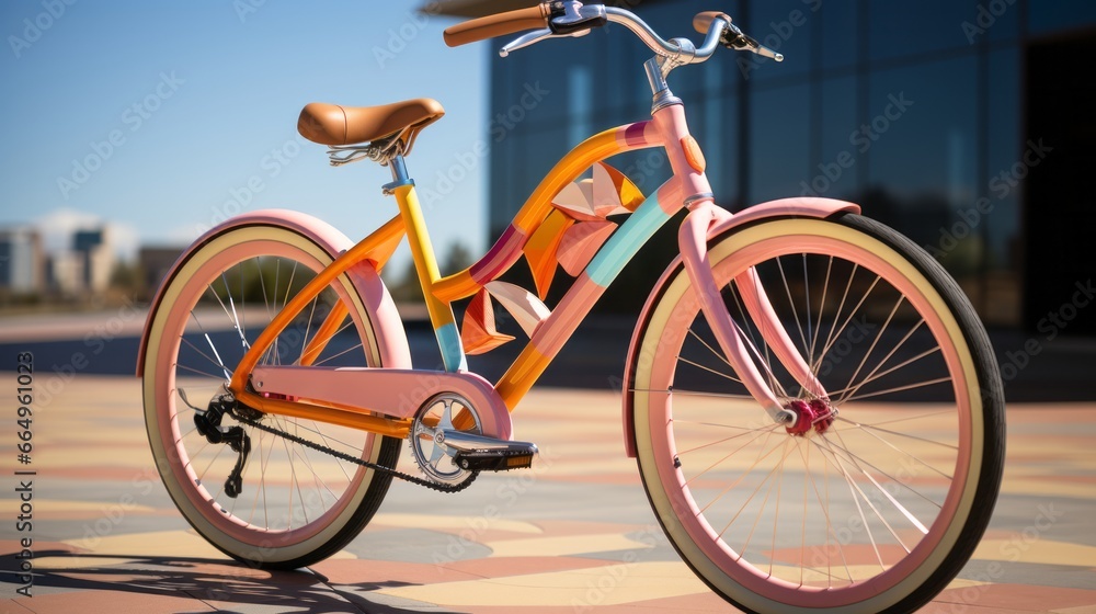 Vibrant and free, a sleek bike with shining spokes rests on the sidewalk, ready to take on the open road with its trusty tires and powerful groupset