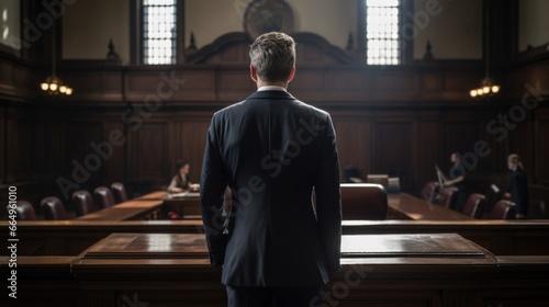 Une avocate vue de dos entre dans un tribunal photo