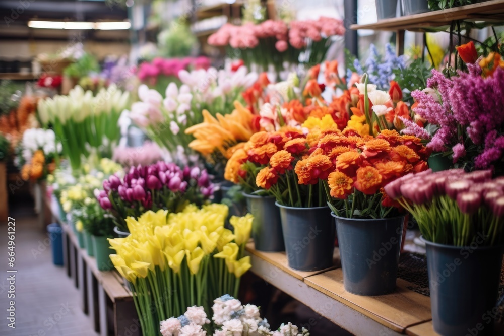 arrangement of colorful flowers in a florist shop - obrazy, fototapety, plakaty 