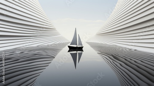 A majestic sailboat glides across the glistening water, its reflection mirroring the vast sky above, surrounded by the symmetry of towering skyscrapers in the distance