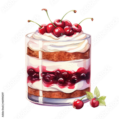 Dessert in glass, cake with cherries. Watercolor style. Dessert, sweet tort with cream and berries. For menu in cafeteria, restaurant, cafes. 