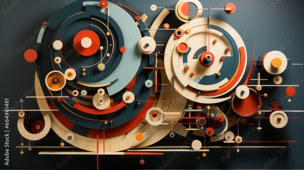 Fototapeta premium An energetic train engine adorned with vibrant gears and intricate lines chugs along, fueled by the power of machinery and fueled by the wild spirit of adventure