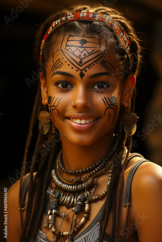 Close-up of tribal African girl's face with makeup and paint