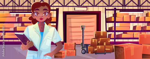 Cartoon warehouse interior with employee woman holding clipboard. Forklift with carton boxes. Shelves with goods, various parcels. Crowded stockroom storage. Logistic delivery. Vector illustration