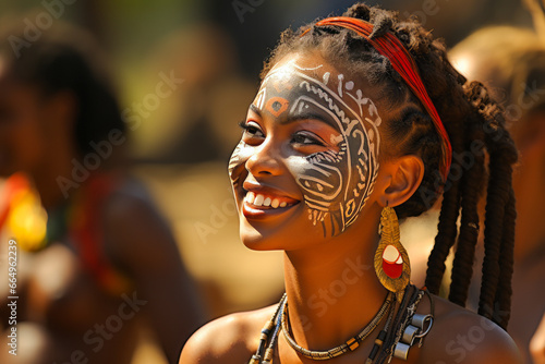 African woman with facial paint smiling, looking aside, in festive mood
