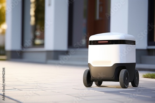 close-up of a delivery robot with a package