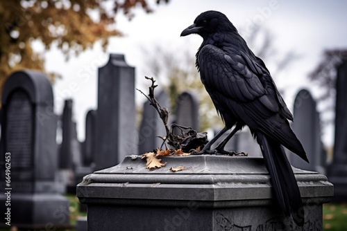 a lone raven sitting on a stone monument in a cemetery
