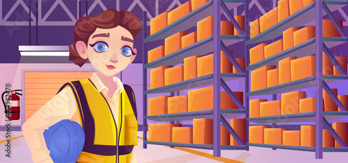 Cartoon warehouse interior with woman employee holding helmet at hangar. Shelves with goods, various parcels, carton boxes. Crowded stockroom storage. Logistic delivery. Vector illustration