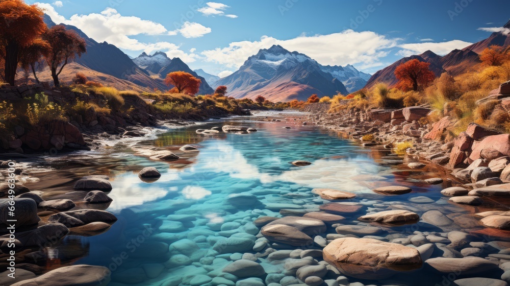 A turbulent river rushes through a rugged landscape, its glistening waters carving through the earth as towering mountains and ancient rocks stand tall in the wild, untamed wilderness