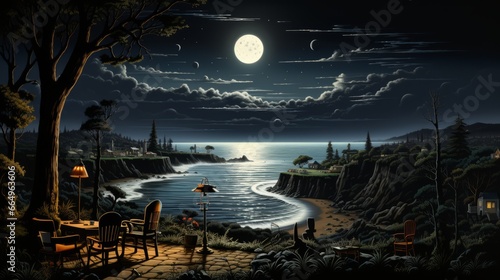 A mystical moon illuminates the serene beach, casting a dreamy glow over the tranquil waters as trees sway in the night sky, creating a picturesque outdoor landscape photo