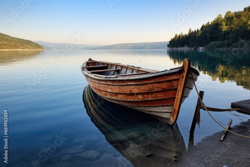 a wooden boat docked on a calm shore