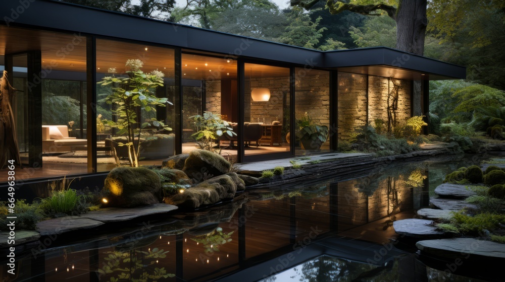 A tranquil oasis of greenery and serenity, where nature and architecture intertwine in a mesmerizing dance of reflections and growth within the glass walls of a serene garden house - obrazy, fototapety, plakaty 