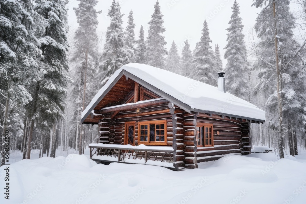 a snow-covered log cabin in the woods
