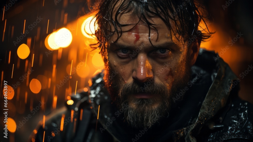 A rugged man with a damp face gazes into the distance, his beard a symbol of untamed masculinity and his expression hinting at a storm of thoughts within A rugged man with a damp face gazes into the distance, his beard a symbol of untamed masculinity and his expression hinting at a storm of thoughts within